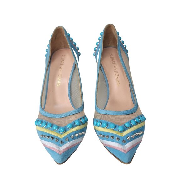 Stuart Weitzman cotton candy Heels blue Studded Beaded Mesh Multicolor Size 5.5 - Picture 3 of 8